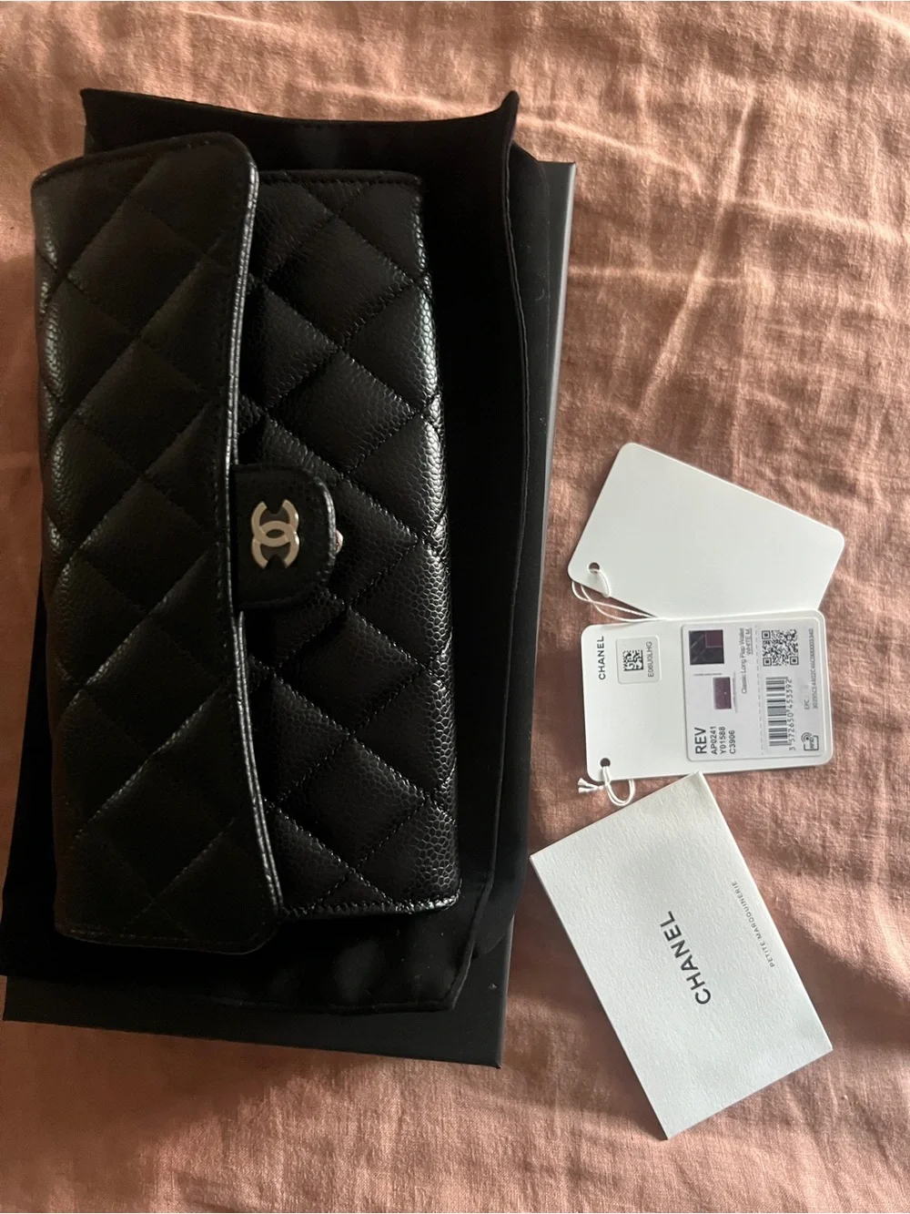 CHANEL Black Quilted Wallet with Silver CC Hardware